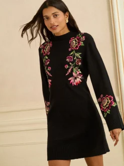Love & Roses Black Floral Embroidery Cosy Jumper Dress