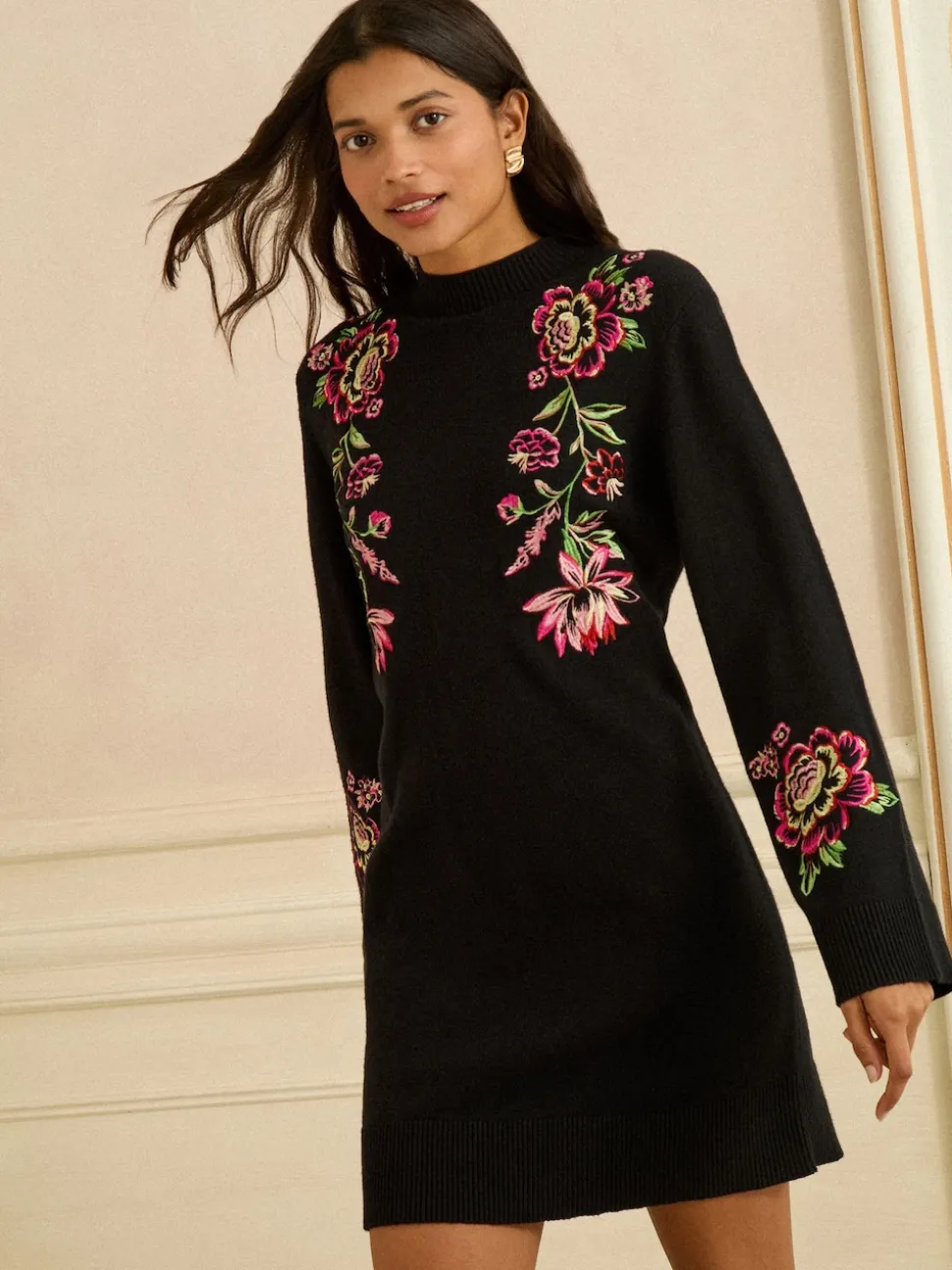 Love & Roses Black Floral Embroidery Cosy Jumper Dress
