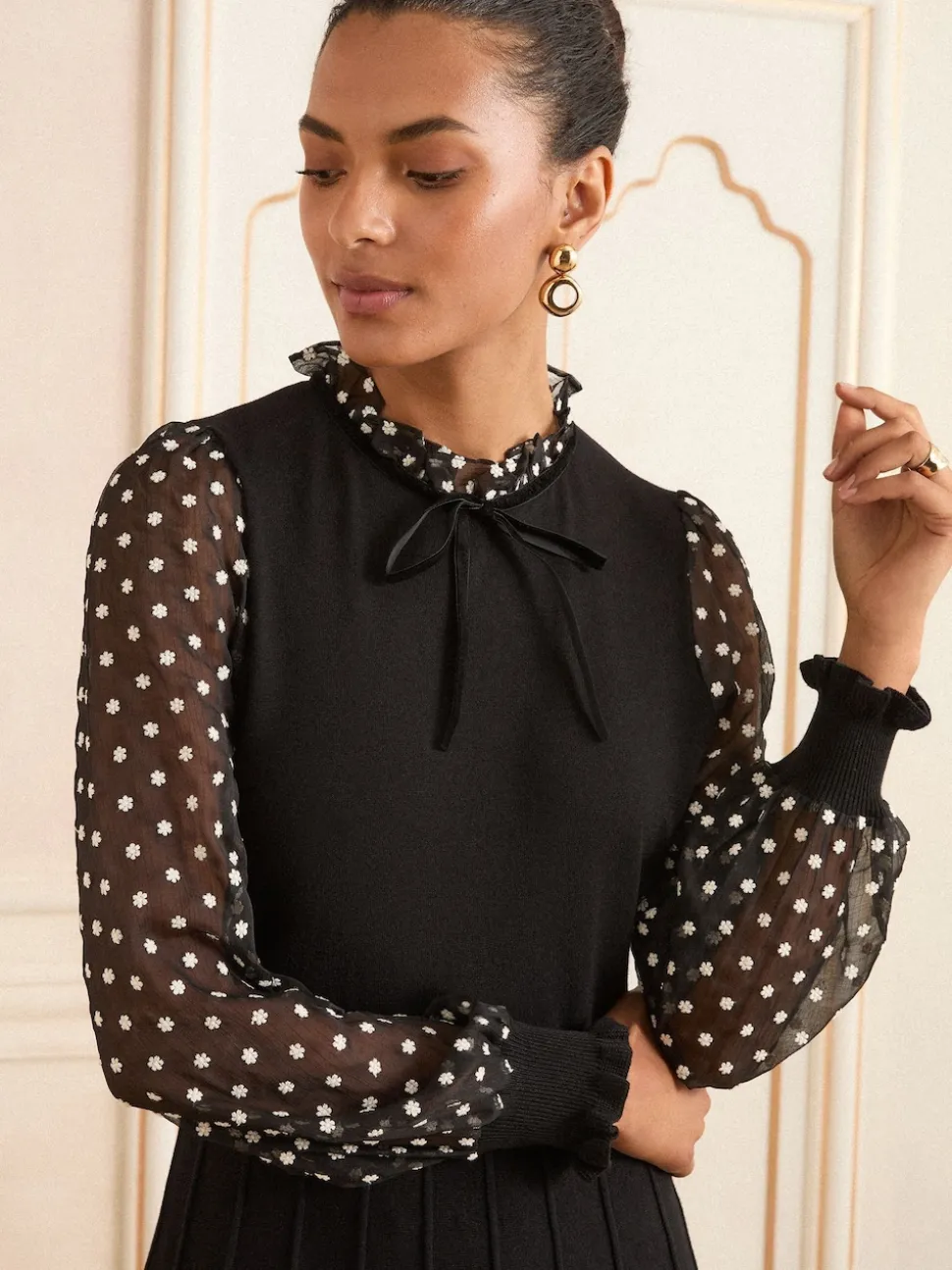 Love & Roses Black Floral Spot Frill Neck Petite Chiffon Sleeve Knitted Mini Dress