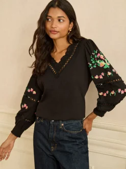 Love & Roses Black Floral Embrodiery Lace Insert Petite V-Neck Long Sleeve Top
