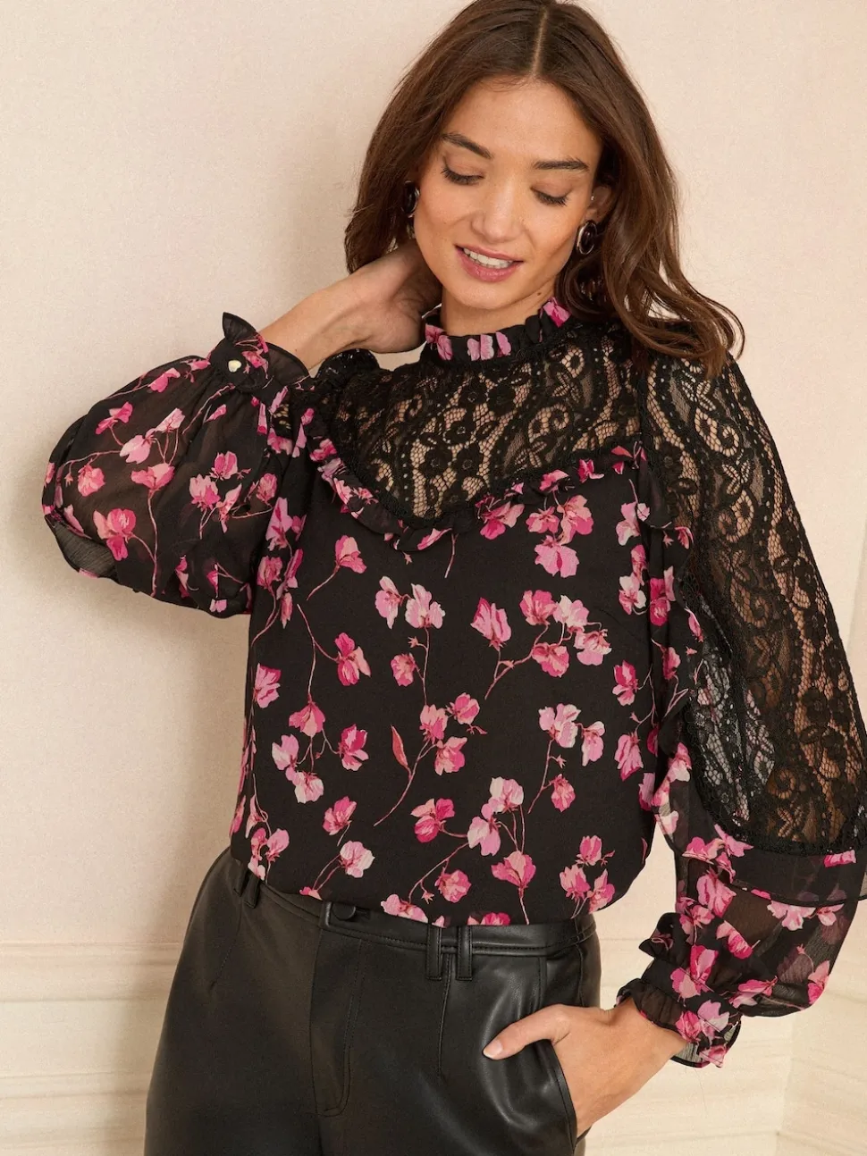 Love & Roses Black Floral Print Crew Neck Lace Yoke Long Sleeve Blouse