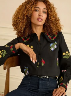 Love & Roses Black Floral Embroidered Collar Blouse