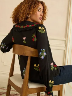 Love & Roses Black Floral Embroidered Collar Blouse