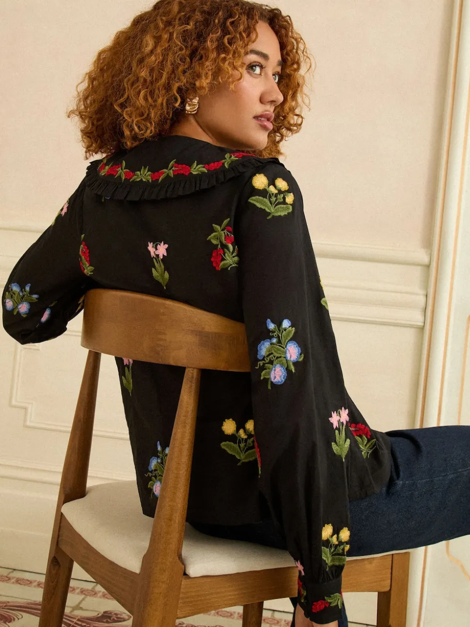 Love & Roses Black Floral Embroidered Collar Blouse