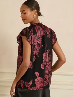 Love & Roses Black Floral Metallic Crew Neck Shell Top