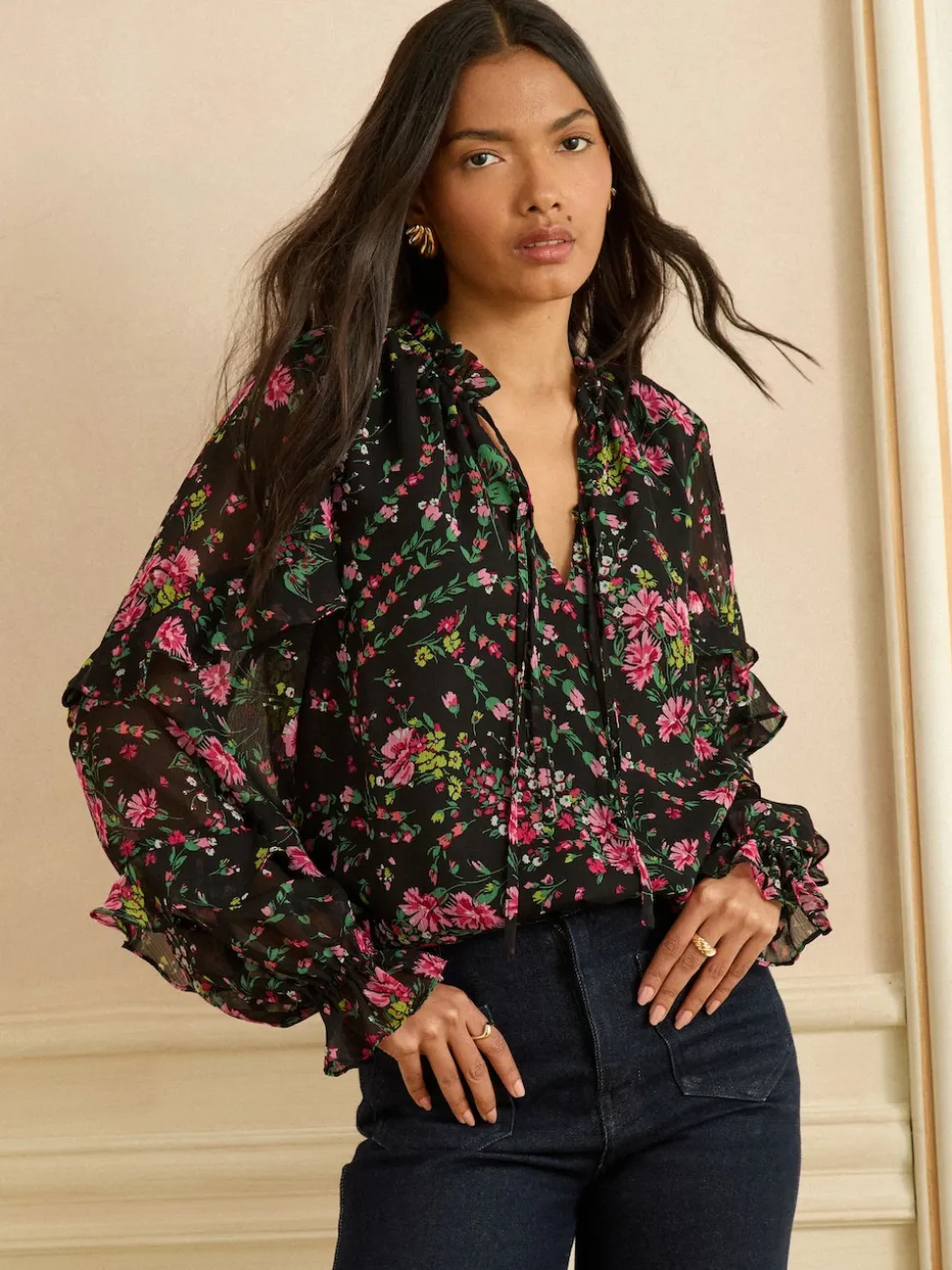 Love & Roses Black Floral Notch Neck Frill Cuff Blouse