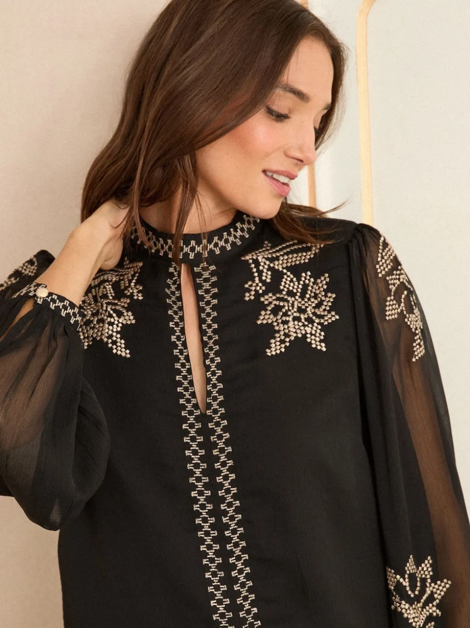 Love & Roses Black Gold Embroidery Long Sleeve High Neck Blouse