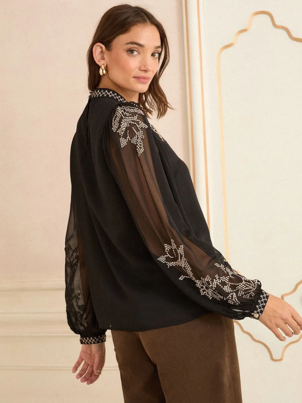 Love & Roses Black Gold Embroidery Long Sleeve High Neck Blouse