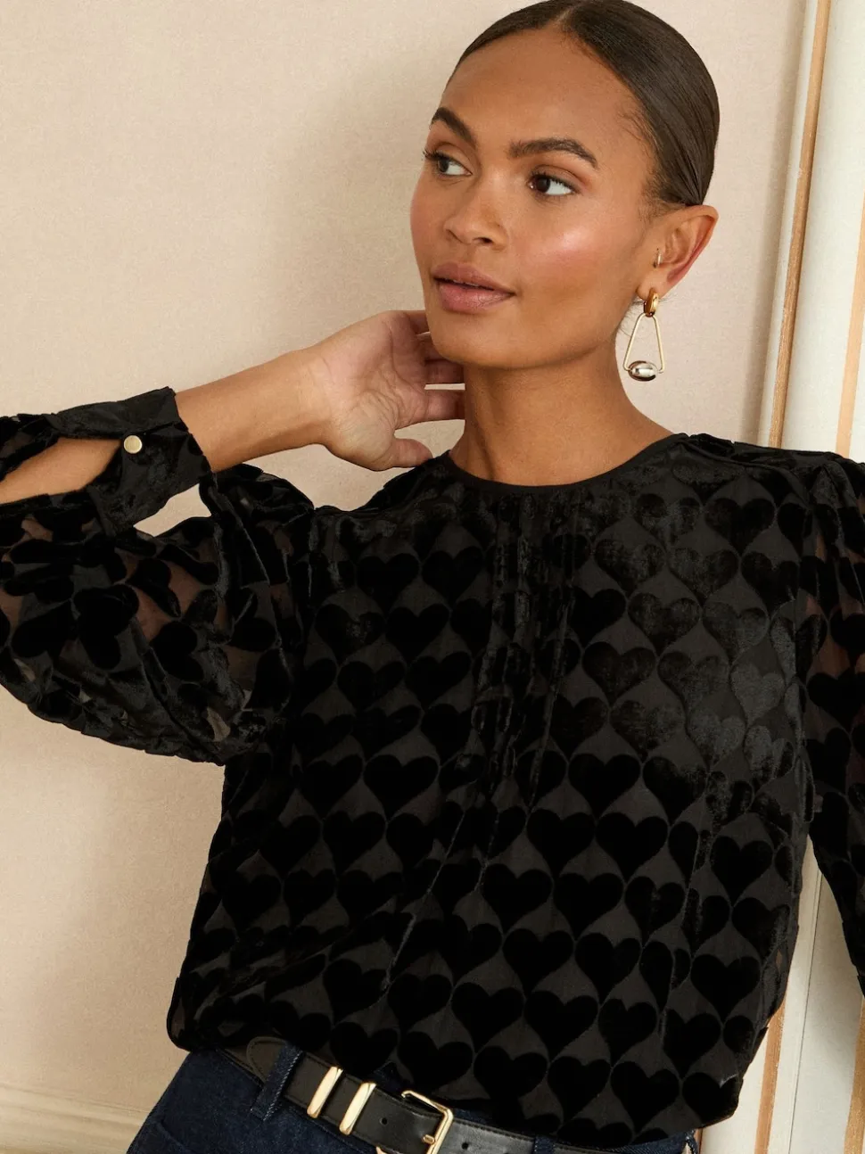 Love & Roses Black Heart Crew Neck Long Sleeve Burnout Blouse