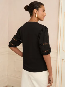 Love & Roses Black Heart Lace Insert V-Neck Jersey T-Shirt