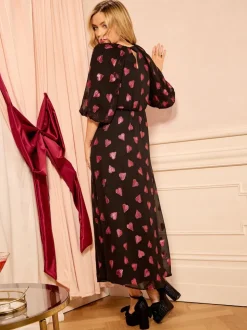 Love & Roses Black Heart Metallic V-Neck Puff Sleeve Midi Dress