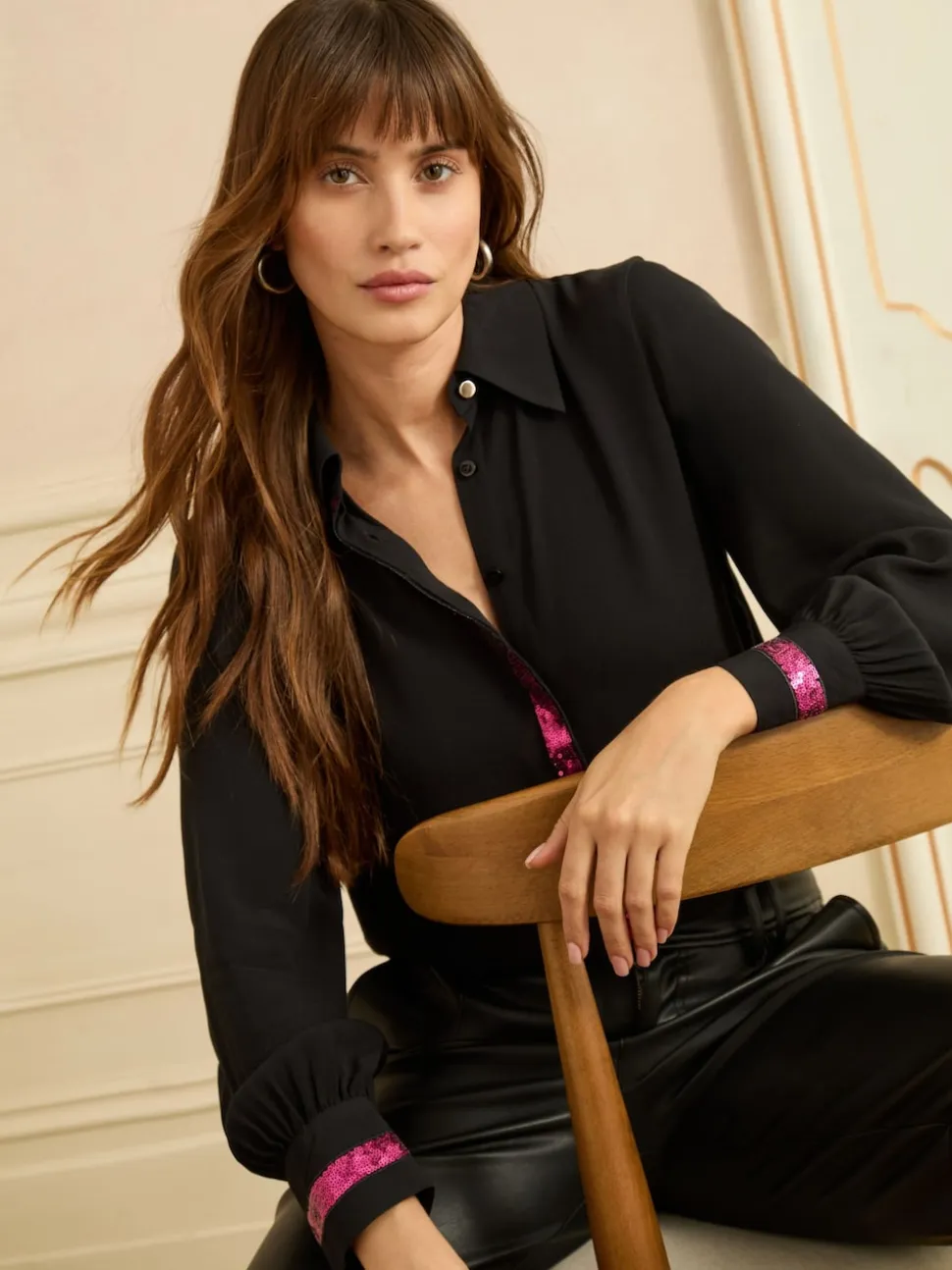 Love & Roses Black Long Sleeve Button Through Sequin Trim Shirt