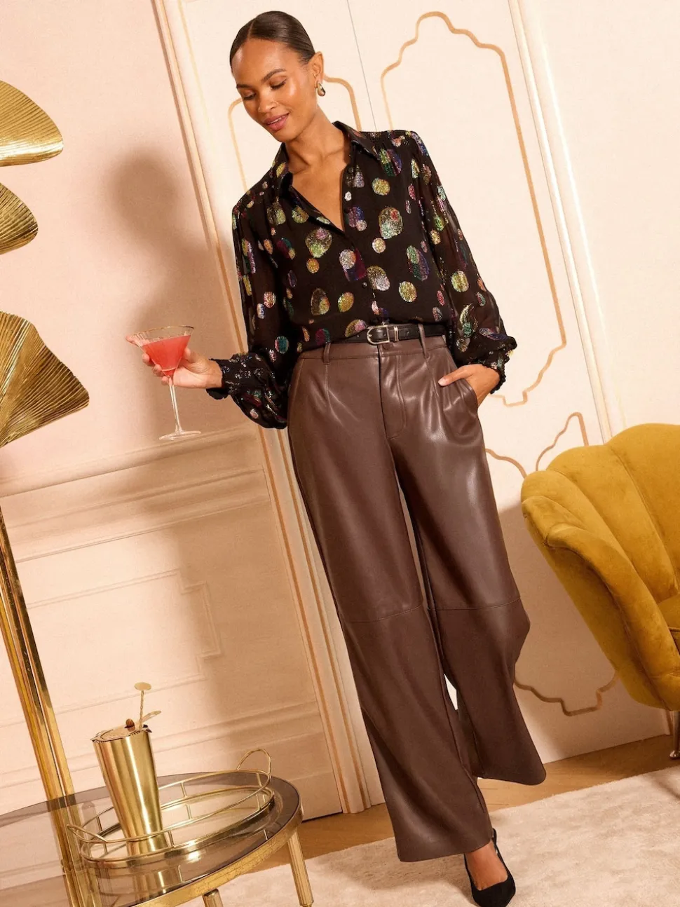 Love & Roses Black Metallic Spot Printed Long Sleeve Shirt