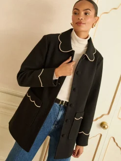 Love & Roses Black Mid Length Scallop Trim Dolly Coat