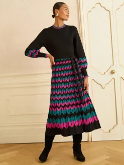 Love & Roses Black Multi Chevron Petite Scallop Knitted Midi Dress