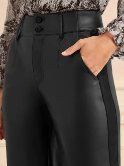 Love & Roses Black Petite Faux Leather Wide Leg With Faux Suede Side Stripe Trousers