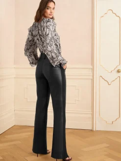 Love & Roses Black Petite Faux Leather Wide Leg With Faux Suede Side Stripe Trousers
