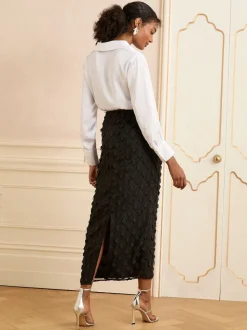 Love & Roses Black Petite 3D Floral Midi Skirt