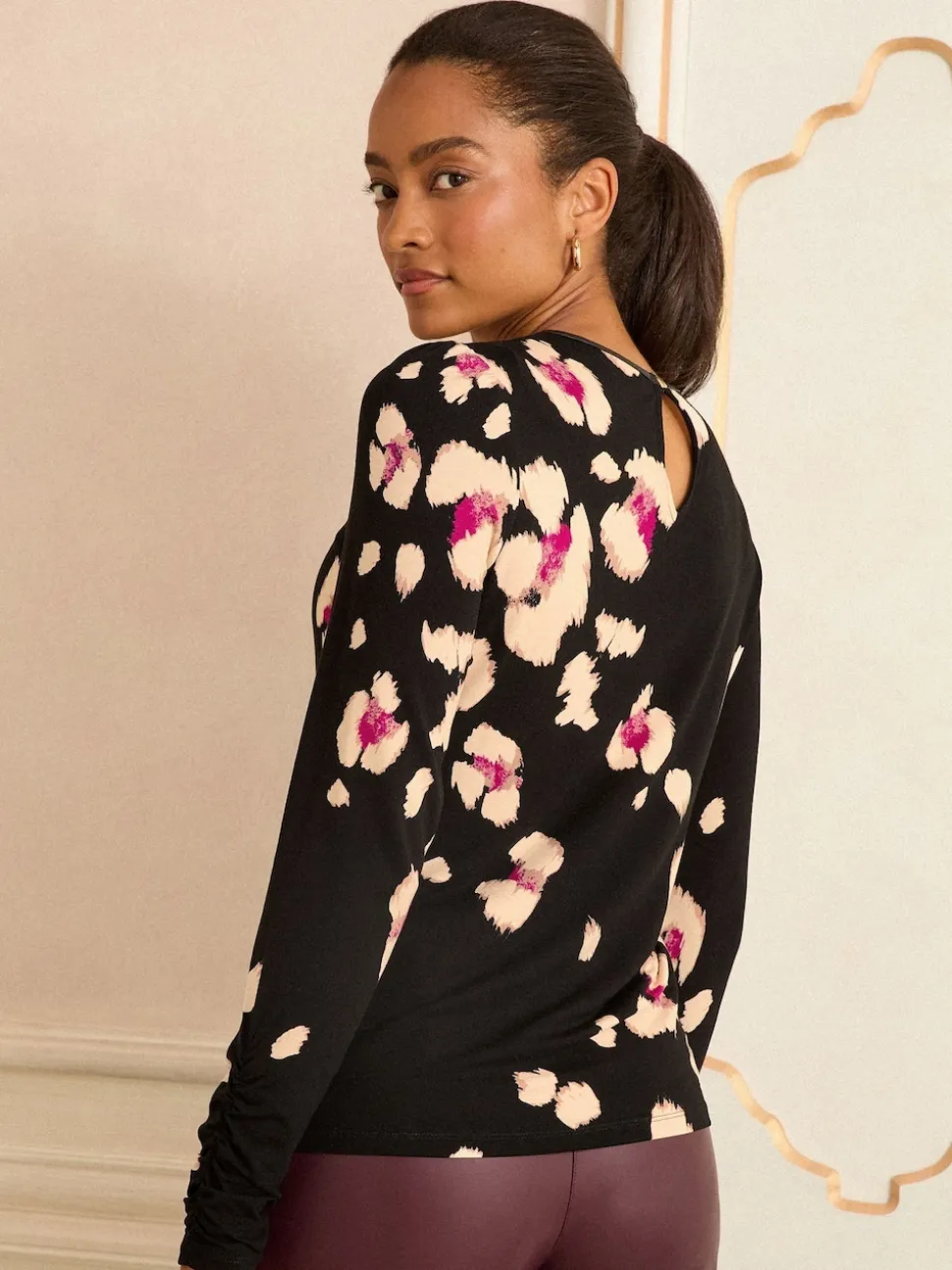 Love & Roses Black Placement Animal Long Sleeve Jersey Top