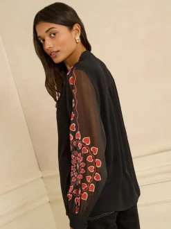 Love & Roses Black Red Heart Long Sleeve Pussybow Blouse