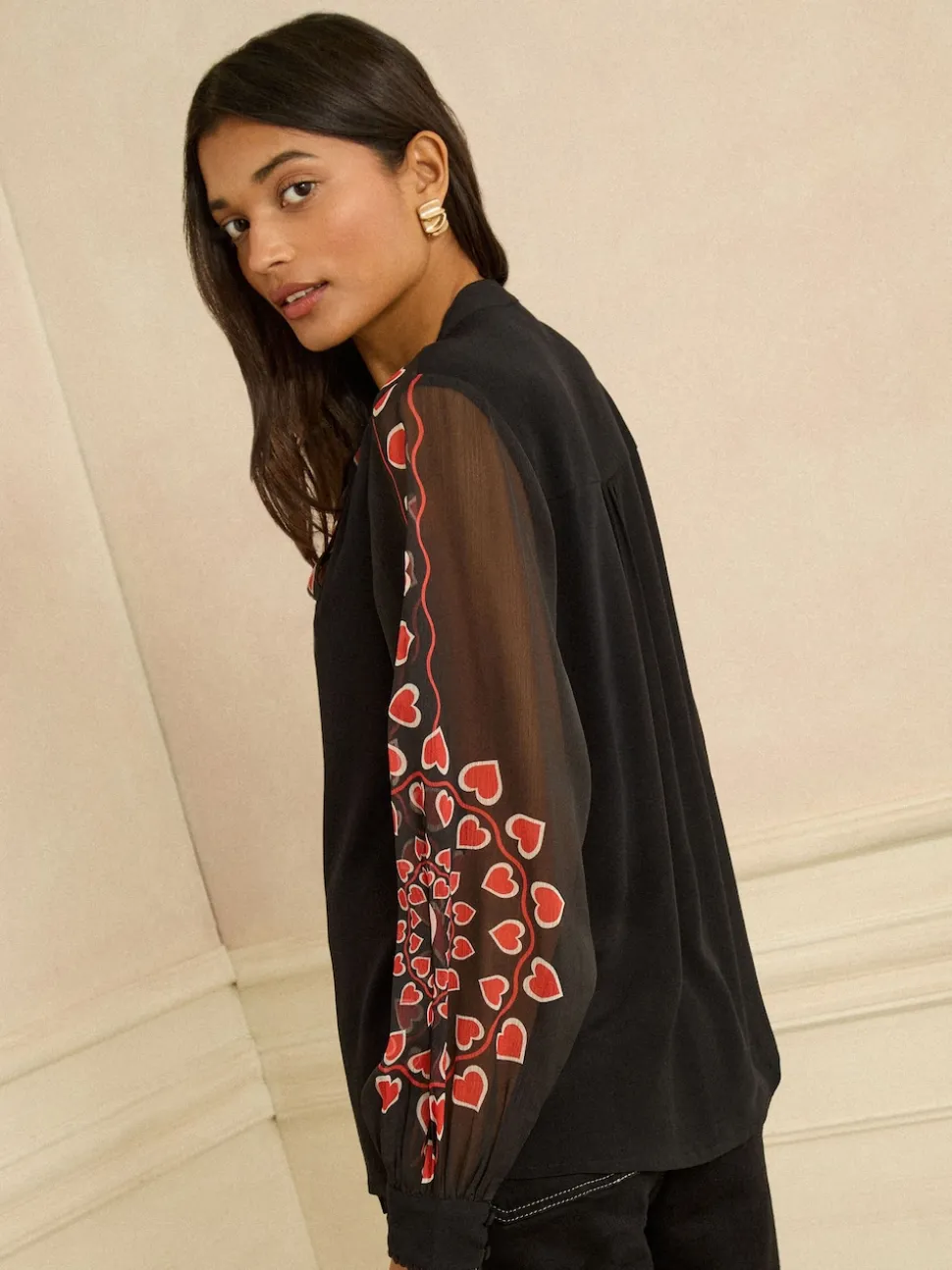 Love & Roses Black Red Heart Long Sleeve Pussybow Blouse