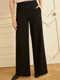 Love & Roses Black Spot Petite Flocked Spot Wide Leg Trousers