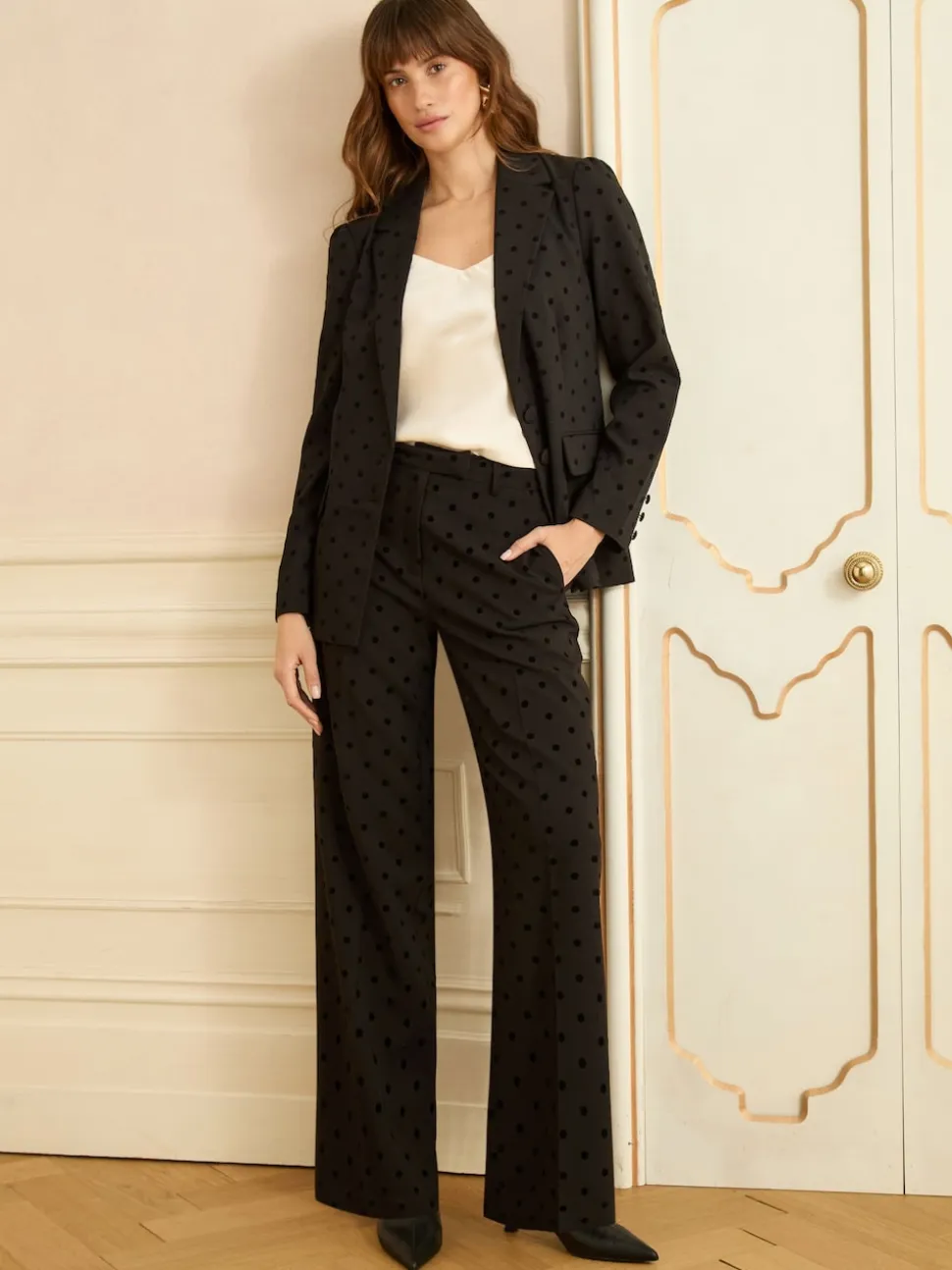 Love & Roses Black Spot Petite Flocked Spot Wide Leg Trousers