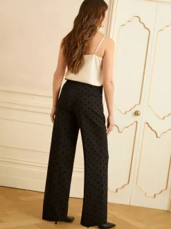 Love & Roses Black Spot Petite Flocked Spot Wide Leg Trousers