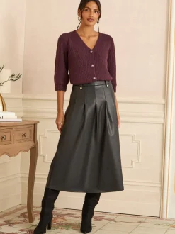 Love & Roses Black Tab Detail Fit and Flare Faux Leather Midi Skirt