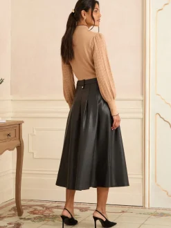 Love & Roses Black Tab Detail Fit and Flare Faux Leather Midi Skirt
