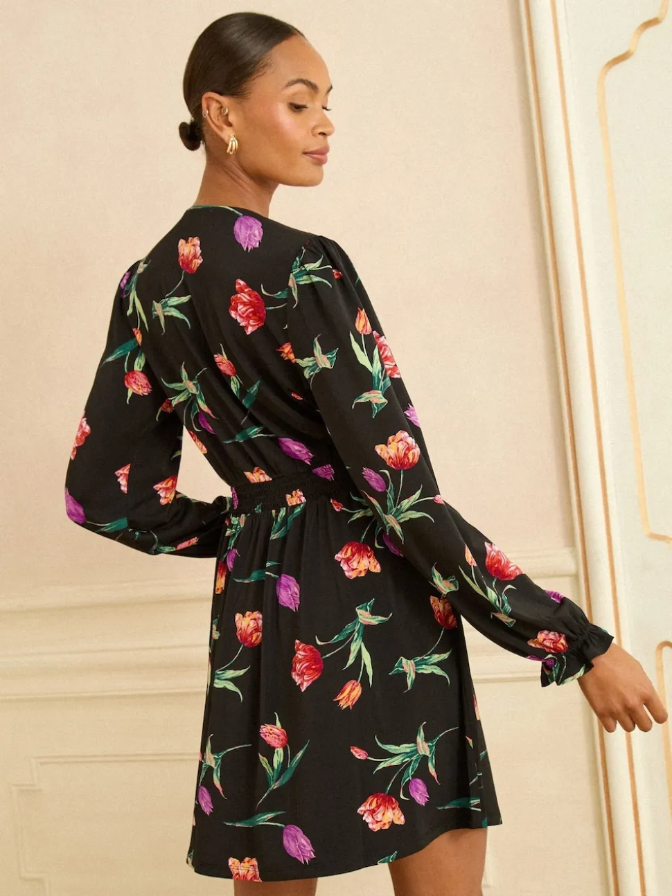 Love & Roses Black Tulip Print V-Neck Mini Dress