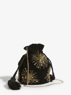 Love & Roses Black Velvet Sequin Embellished Pouch Bag