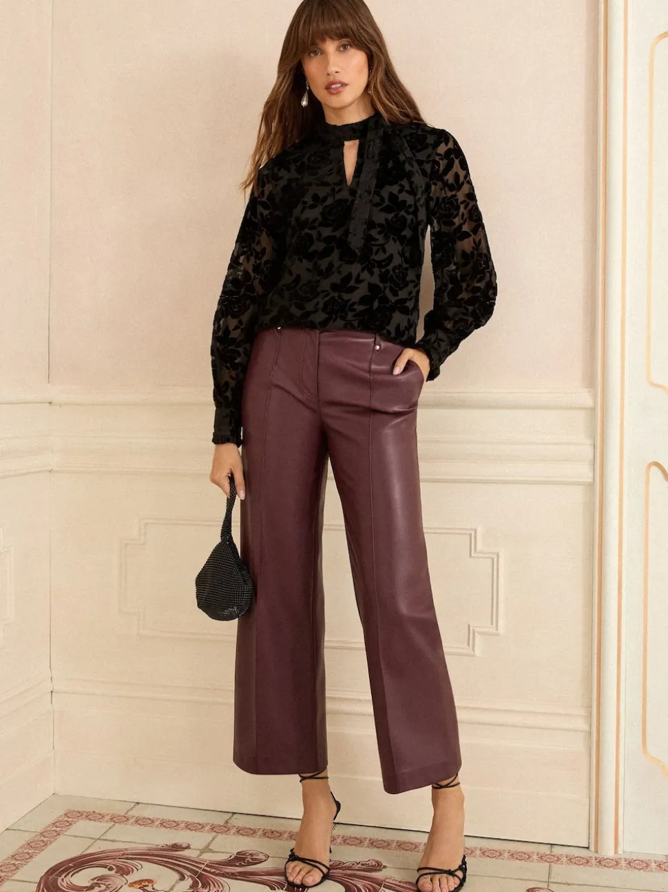 Love & Roses Black Velvet Burnout Long Sleeve Pussybow Blouse