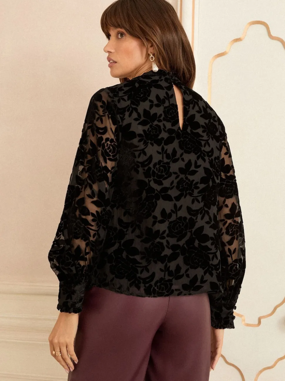 Love & Roses Black Velvet Burnout Long Sleeve Pussybow Blouse