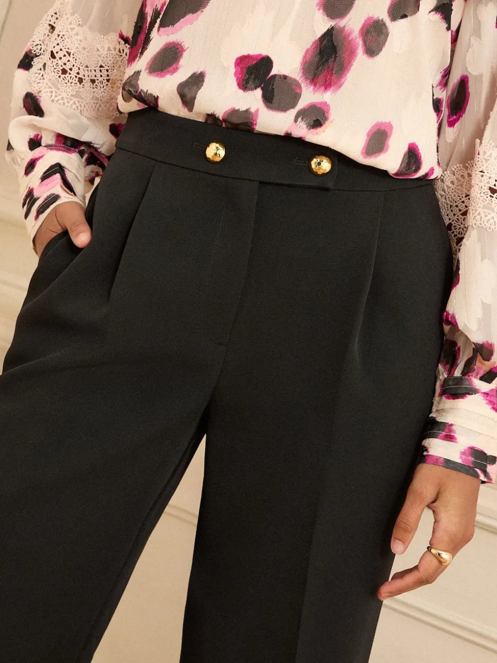 Love & Roses Black Wide Button Leg Trousers