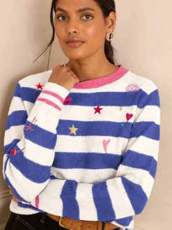 Love & Roses Blue And Ivory Stripe Embroidered Jumper
