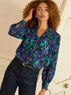 Love & Roses Blue Animal Button Through Long Sleeve Shirt