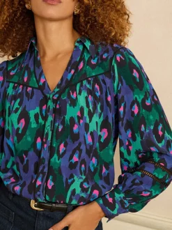 Love & Roses Blue Animal Button Through Long Sleeve Shirt