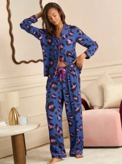 Love & Roses Blue Leopard Button Down Pyjamas Set