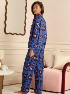 Love & Roses Blue Leopard Button Down Pyjamas Set