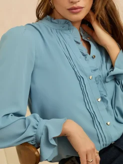 Love & Roses Blue Long Sleeve Frill Detail Blouse