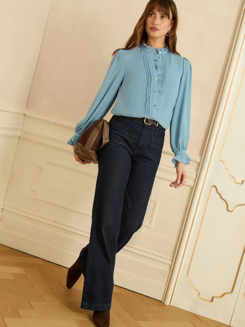 Love & Roses Blue Long Sleeve Frill Detail Blouse