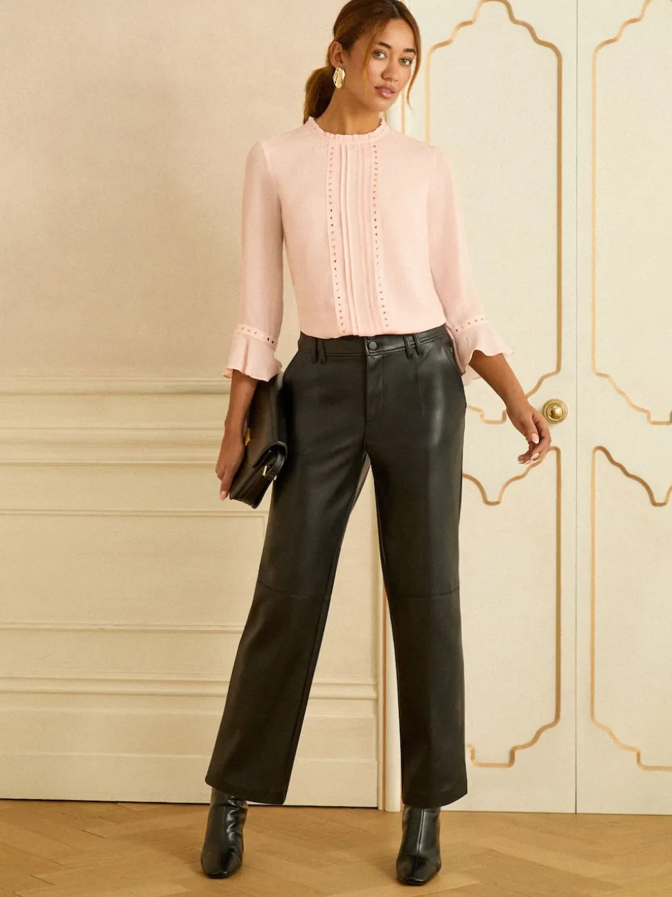 Love & Roses Blush Pink Heart Hardware Detail Flute Sleeve Blouse