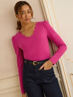 Love & Roses Bright Pink Scallop V-Neck Long Sleeve Jersey Top