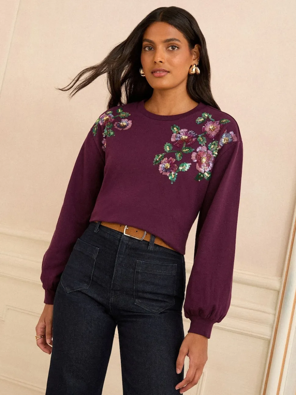 Love & Roses Burgundy Crew Neck Jersey Sequin Sweatshirt