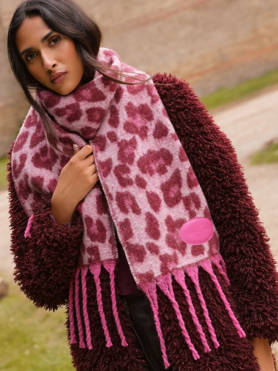 Love & Roses Burgundy Leopard Print Brushed Scarf