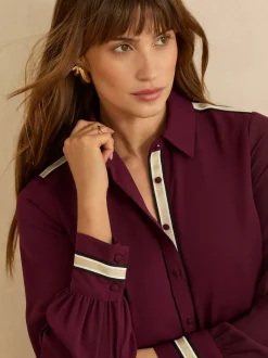 Love & Roses Burgundy Red Metallic Button Through Long Sleeve Shirt