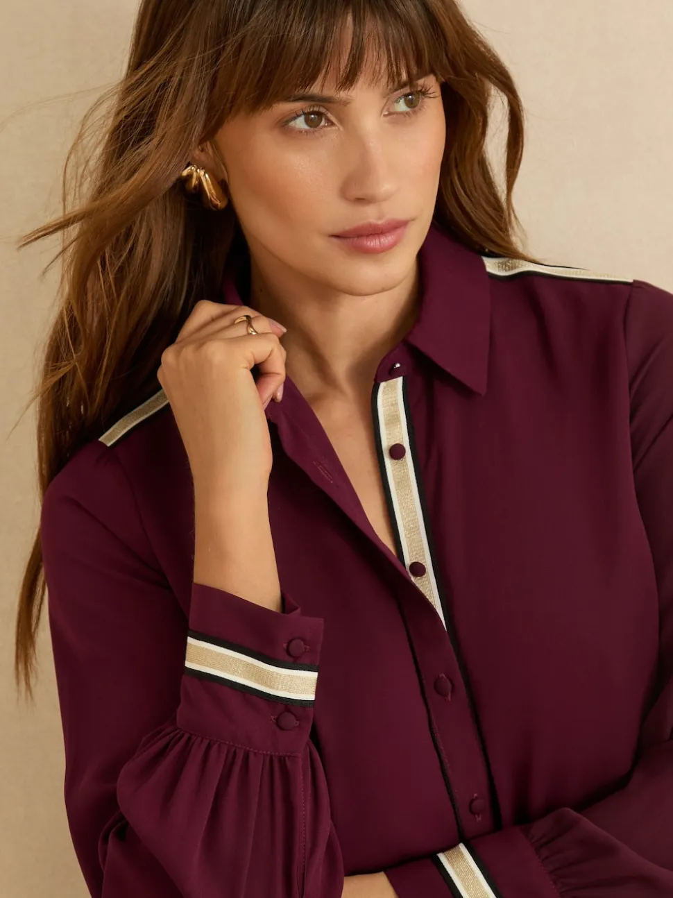 Love & Roses Burgundy Red Metallic Button Through Long Sleeve Shirt