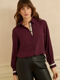 Love & Roses Burgundy Red Metallic Button Through Long Sleeve Shirt