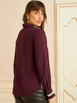 Love & Roses Burgundy Red Metallic Button Through Long Sleeve Shirt